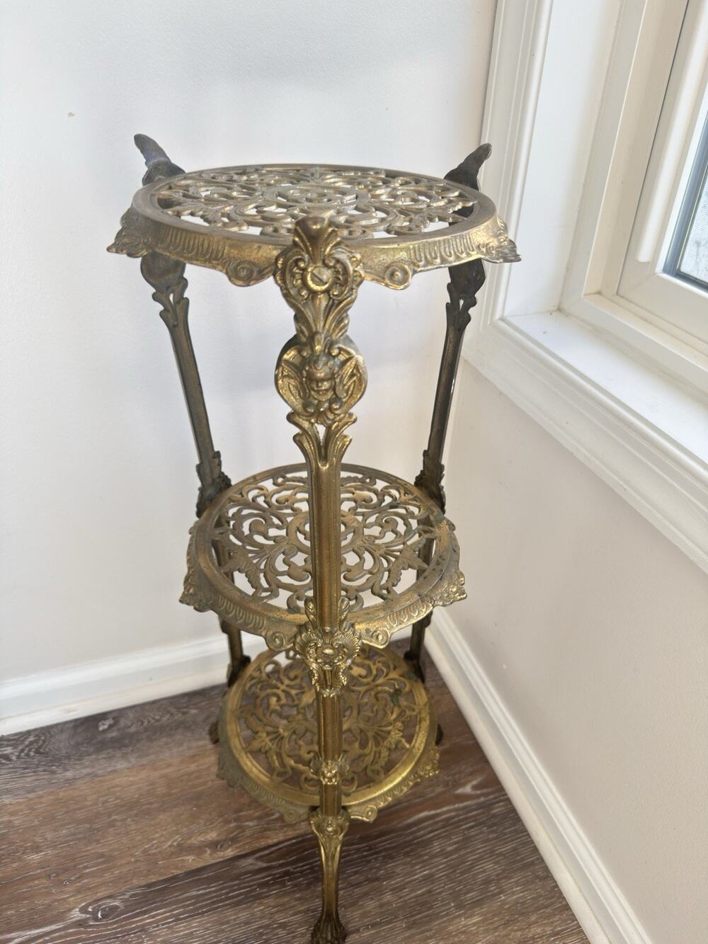 Italian Hollywood Regency 3-Tier Ornate Brass Plant Stand Cherub Paw Feet 28”